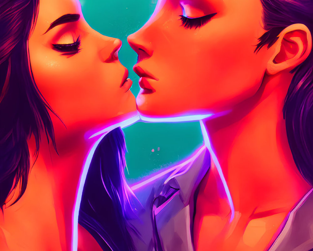 Stylized animated characters nose-to-nose with neon light, turquoise backdrop