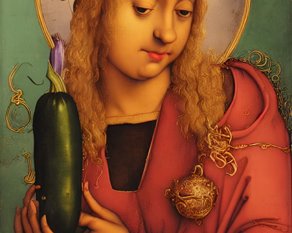 Digitally altered artwork of saintlike figure with zucchini in red robes