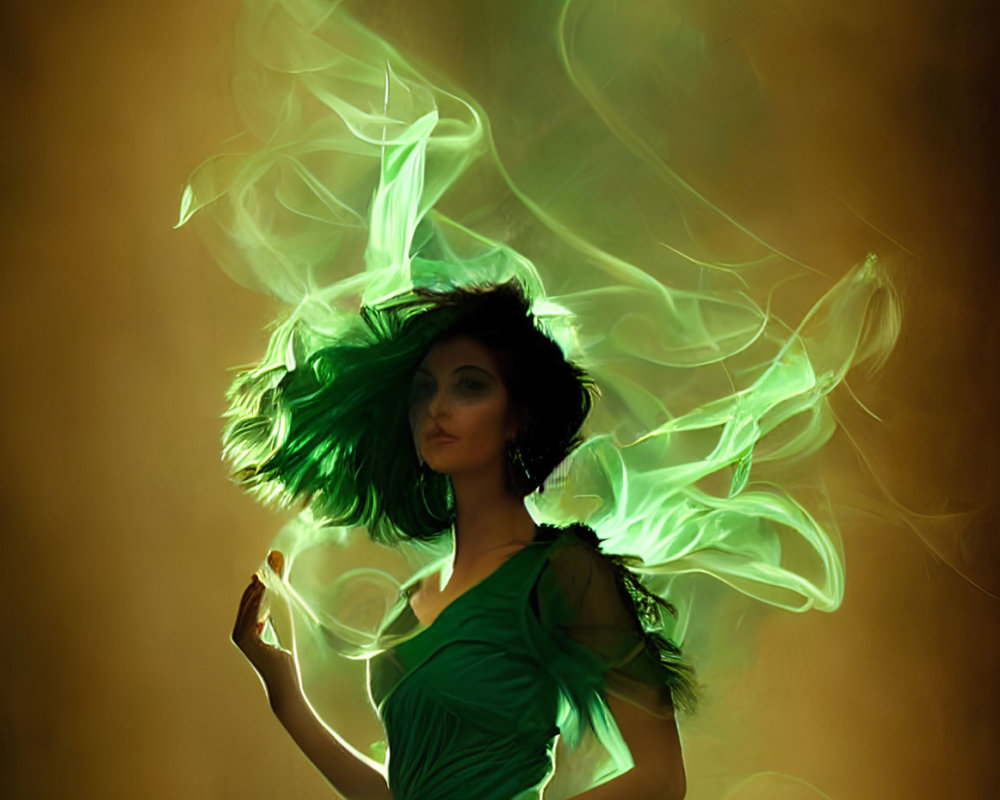 Ethereal woman in flowing green dress with swirling light aura