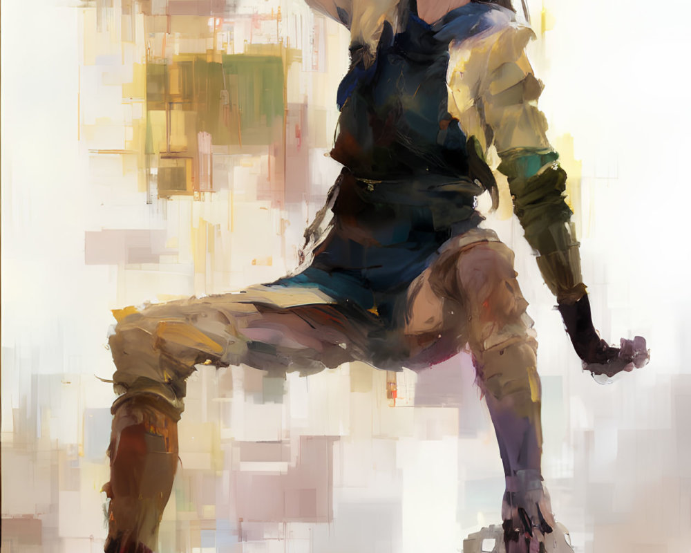 Futuristic armor-clad woman in digital painting against abstract background
