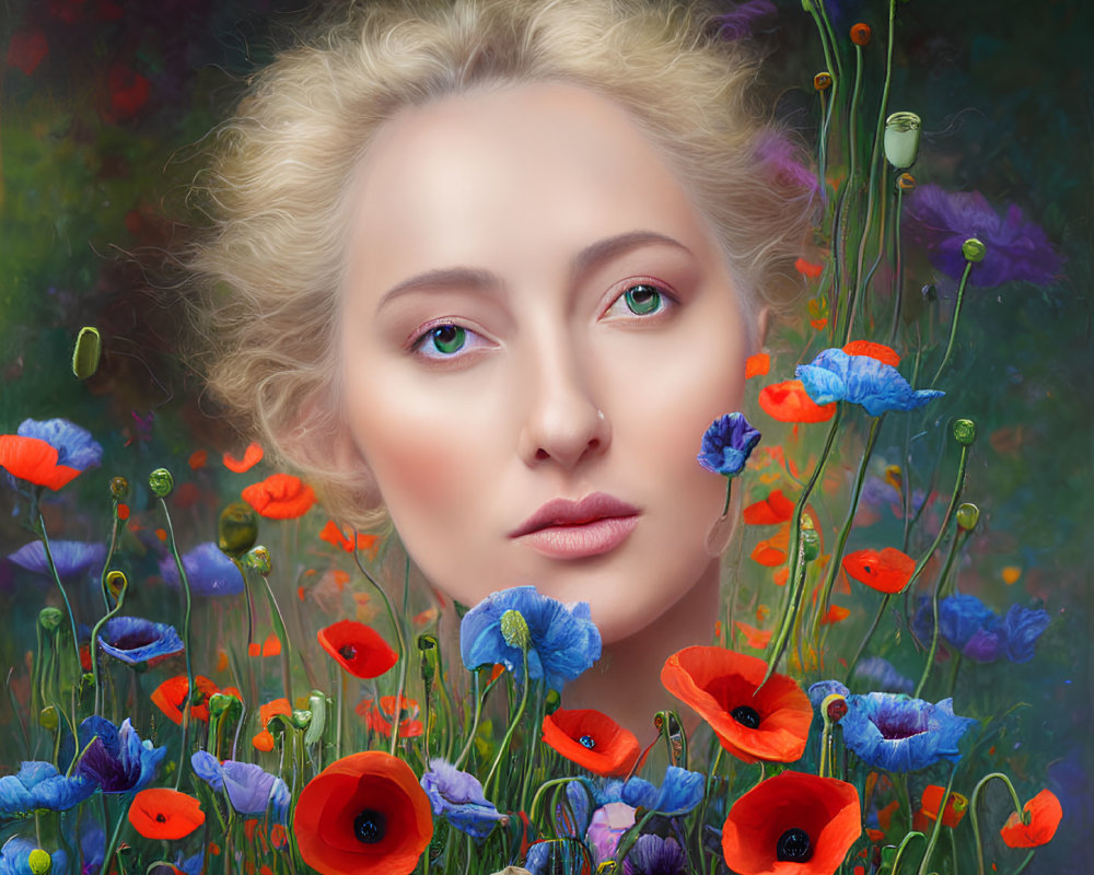 Colorful Poppy Field Portrait: Woman's Face in Red and Blue Poppies