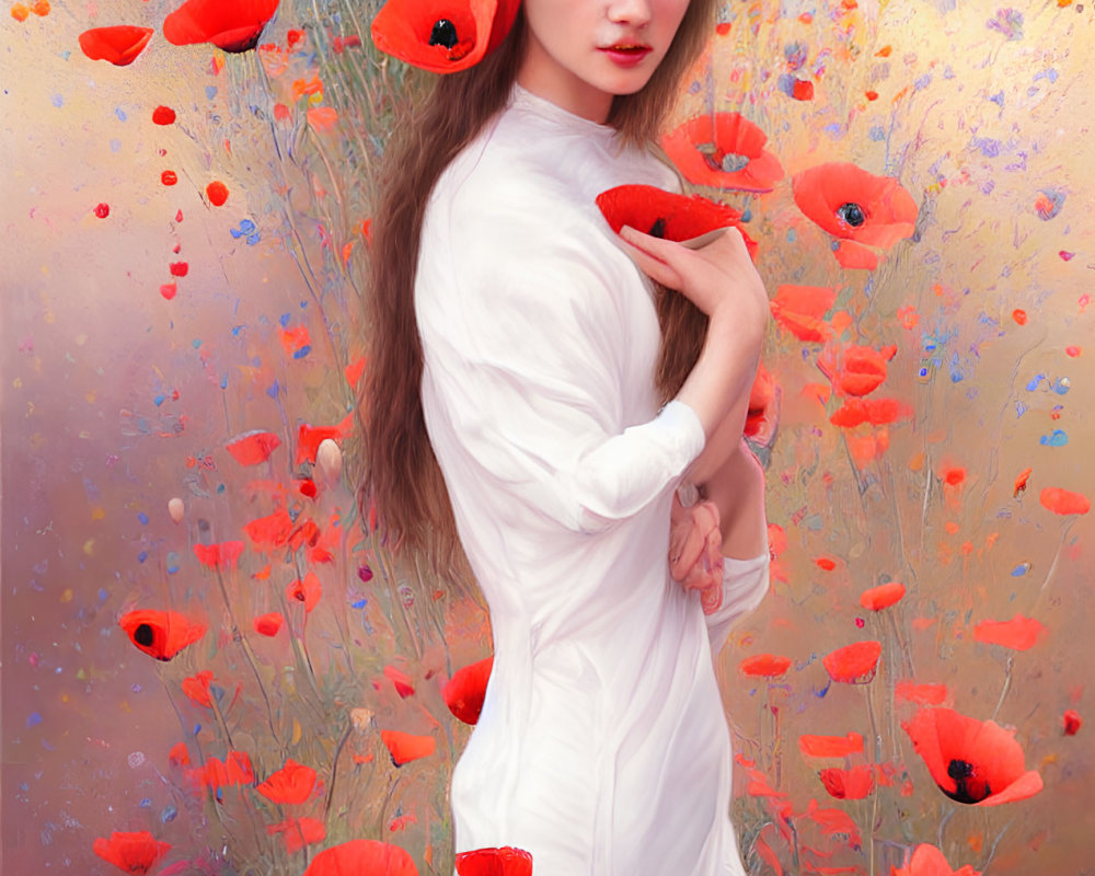 Woman in white dress surrounded by red poppies in vibrant field