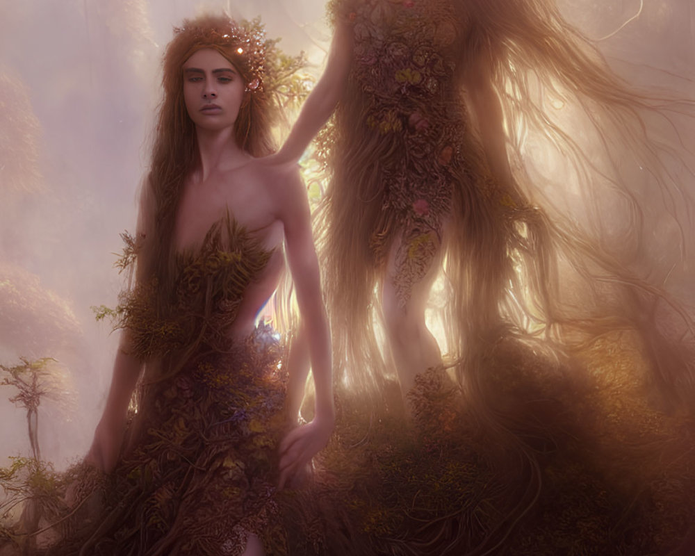 Ethereal women in leaf and branch dresses in enchanted forest
