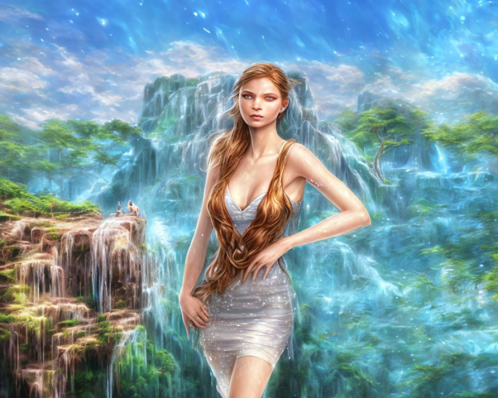 Digital artwork: Woman in shimmering dress by fantastical waterfall
