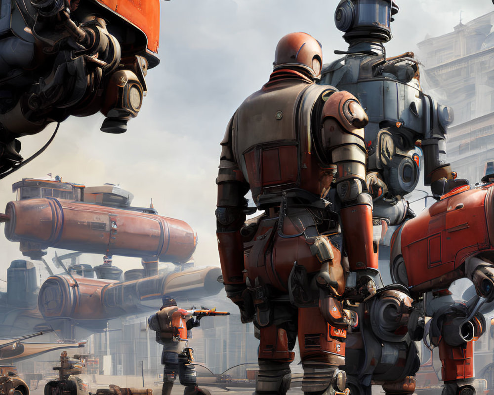 Futuristic orange pilot suits with robots in industrial setting