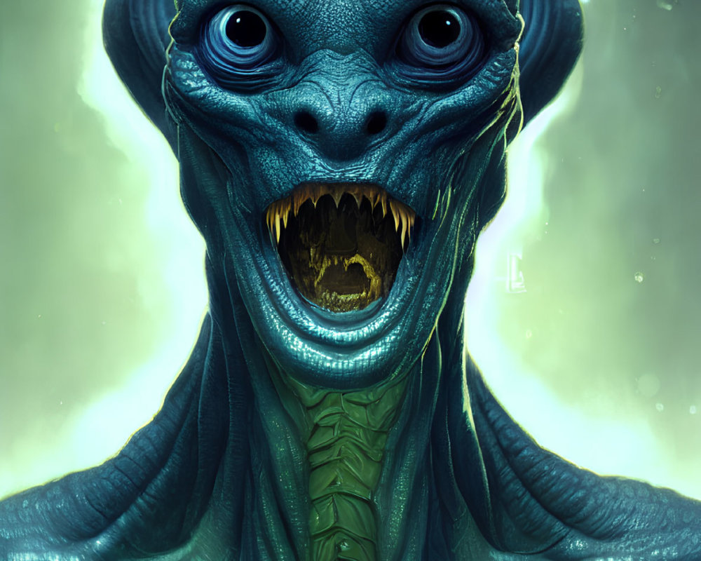 Blue-skinned alien with large eyes on green background