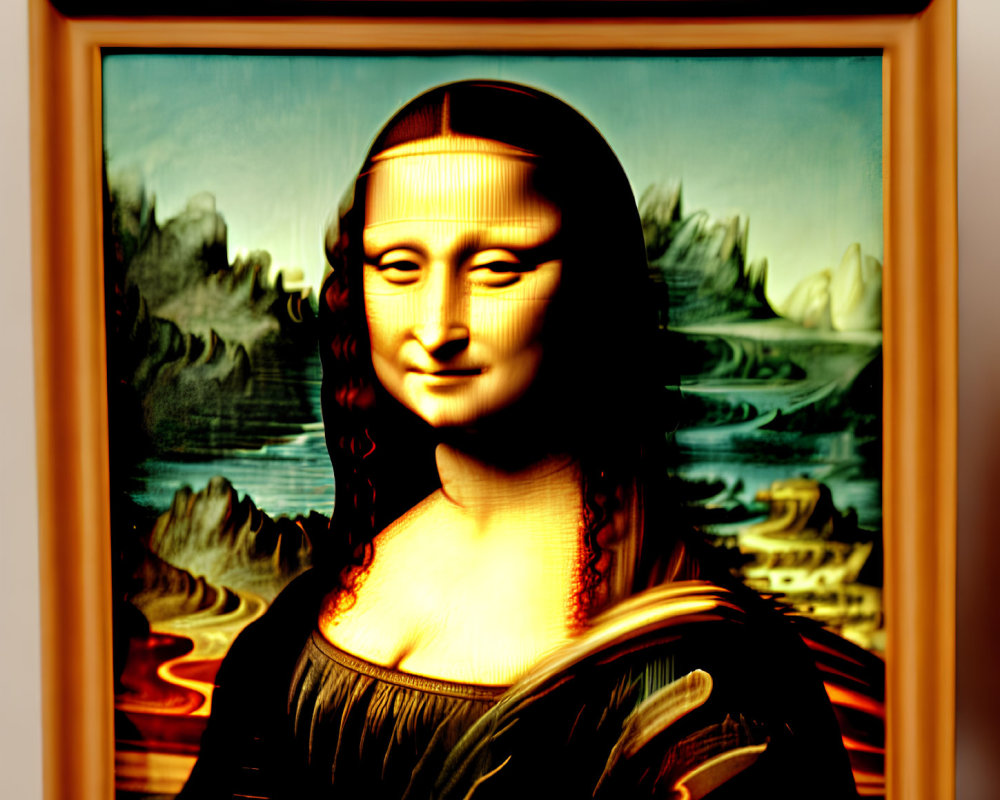 Digitally Altered Mona Lisa with Exaggerated Features in Classic Frame