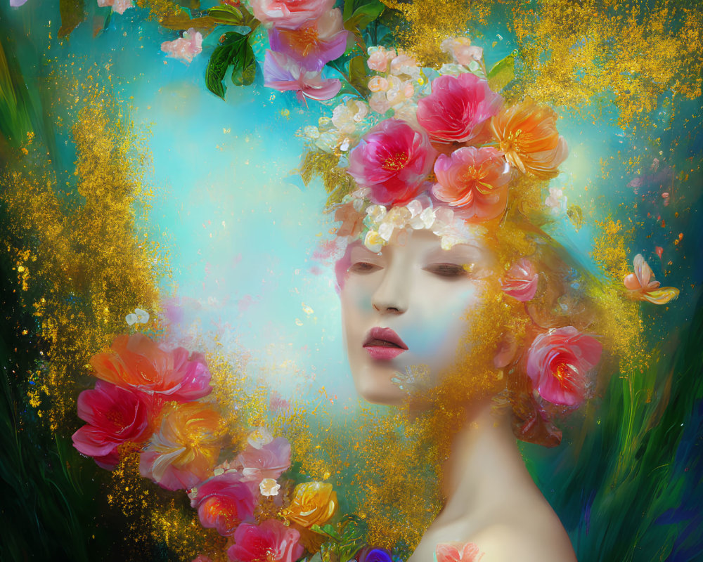 Vibrant flower-adorned woman in surreal golden mist on emerald backdrop