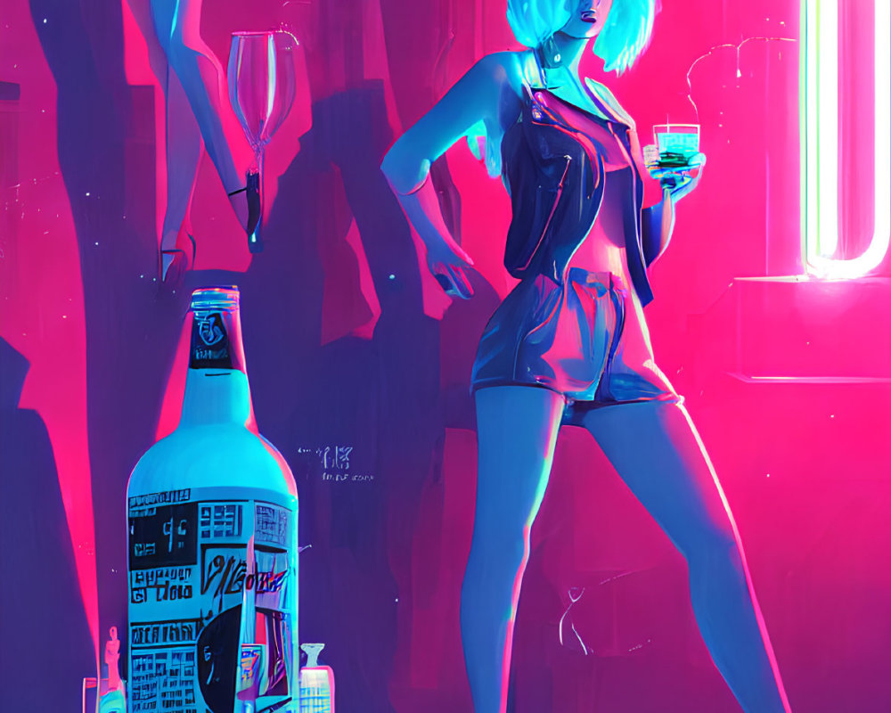 Stylized image of woman with blue hair and cocktail in neon-lit setting