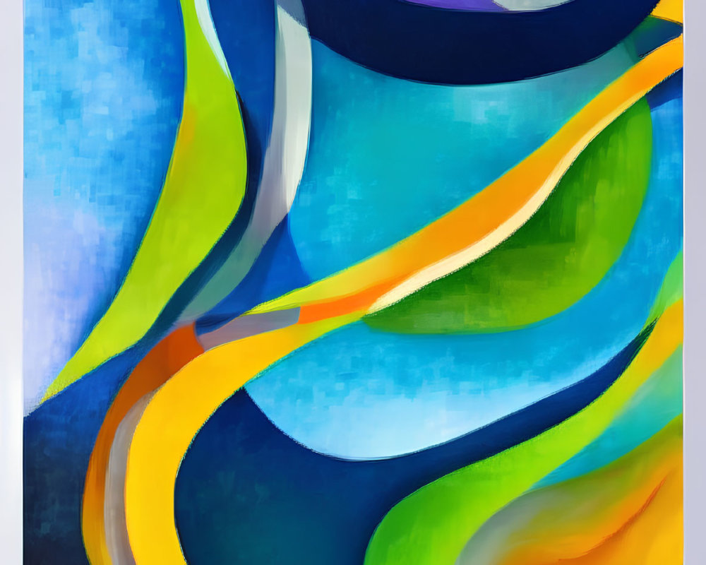 Vibrant abstract painting with undulating shapes in blue, orange, yellow, green, and purple