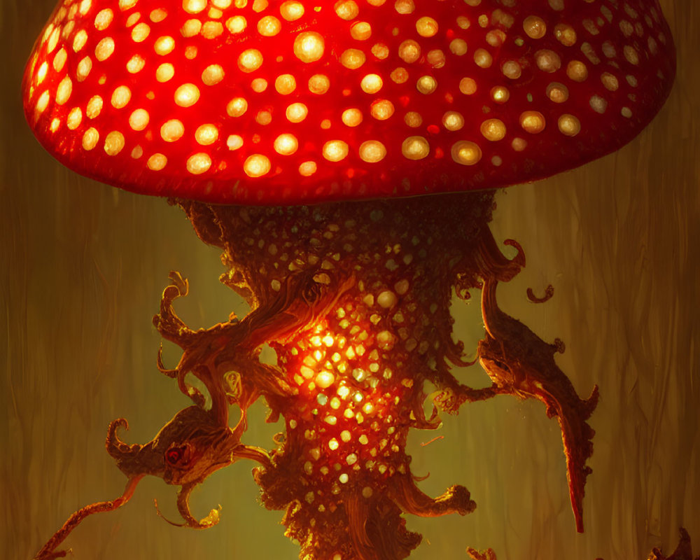 Glowing red mushroom with tentacle-like gills in dark forest