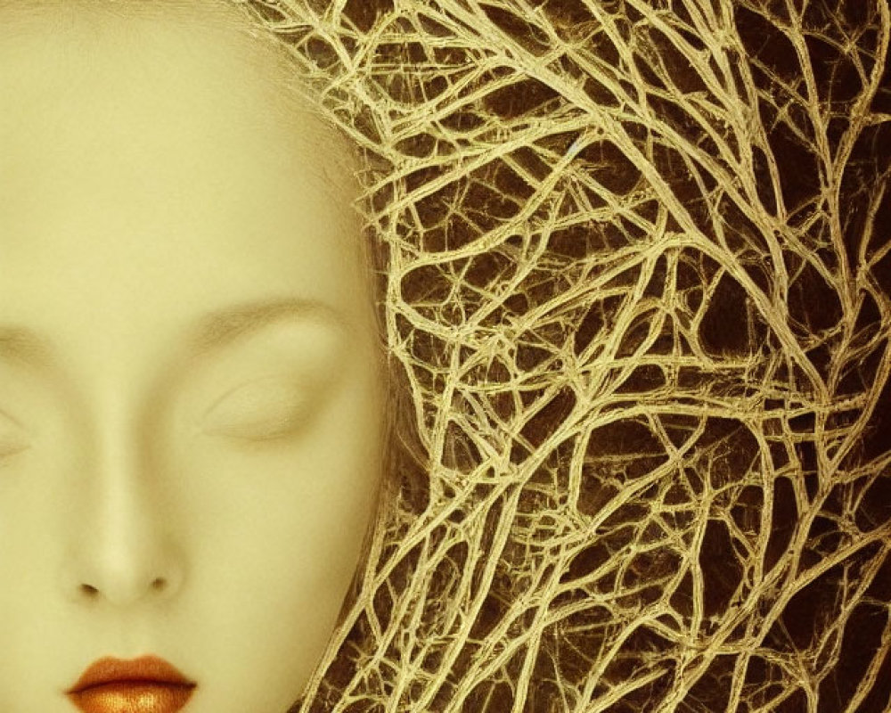 Serene face with closed eyes and vibrant red lips, surrounded by golden thread network
