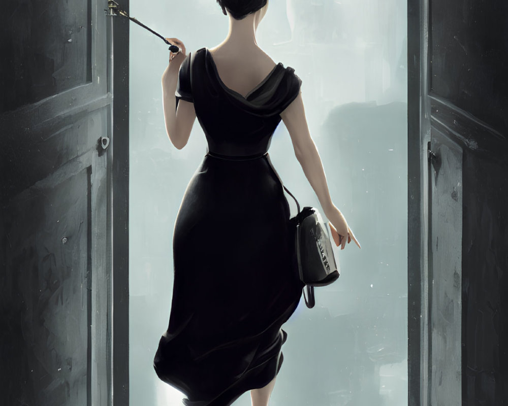 Woman in black dress painting by window with city view
