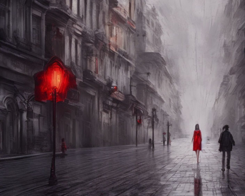 Solitary figure in red on rain-slicked street under gloomy sky.
