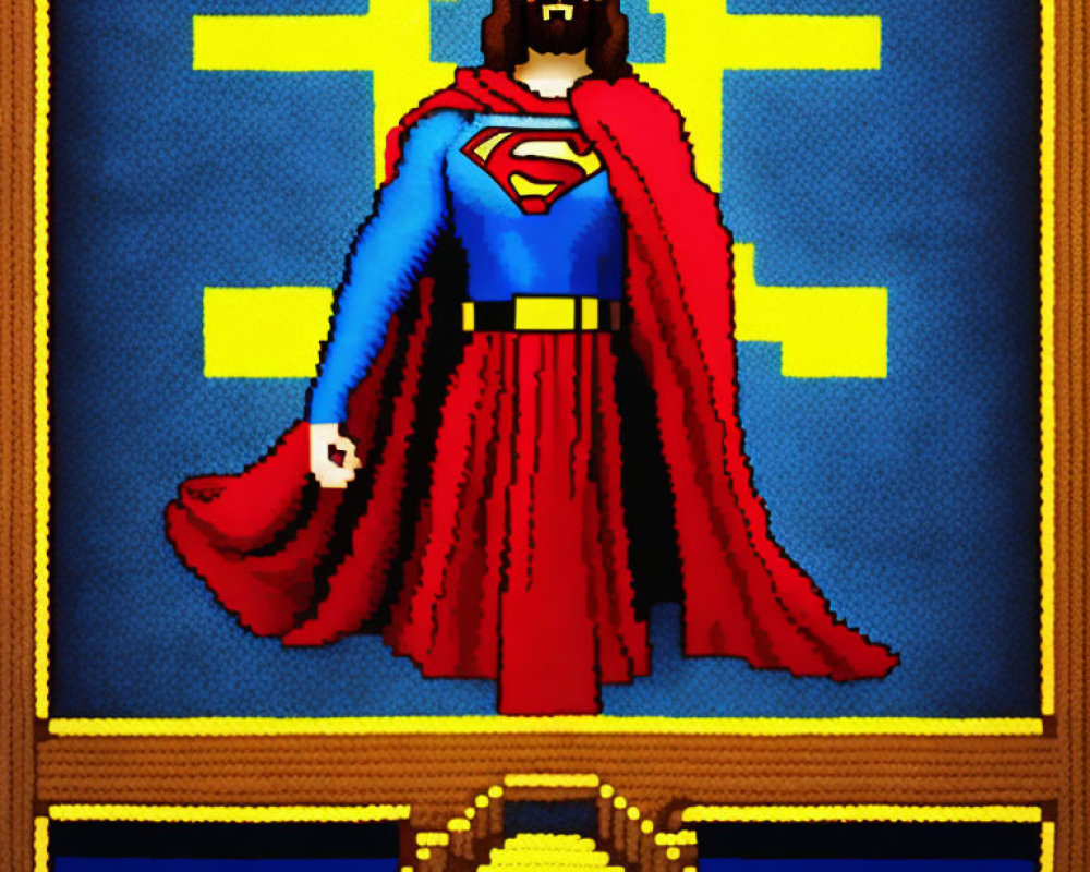 Superman-inspired character in pixel-art style with Christian cross background