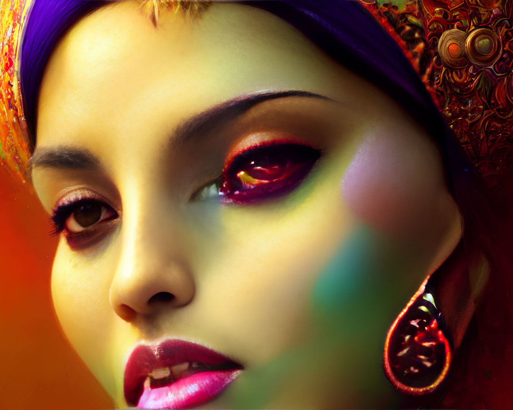 Vibrant makeup and intricate headwear on woman with colorful lighting