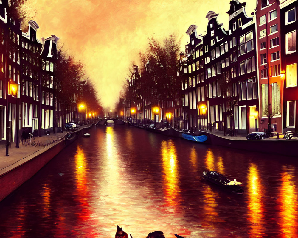 Scenic Amsterdam canal at sunset with orange waters and Dutch architecture