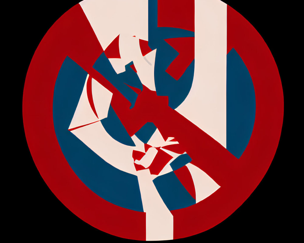 Abstract no-smoking sign with figures and letters in red, white, and blue