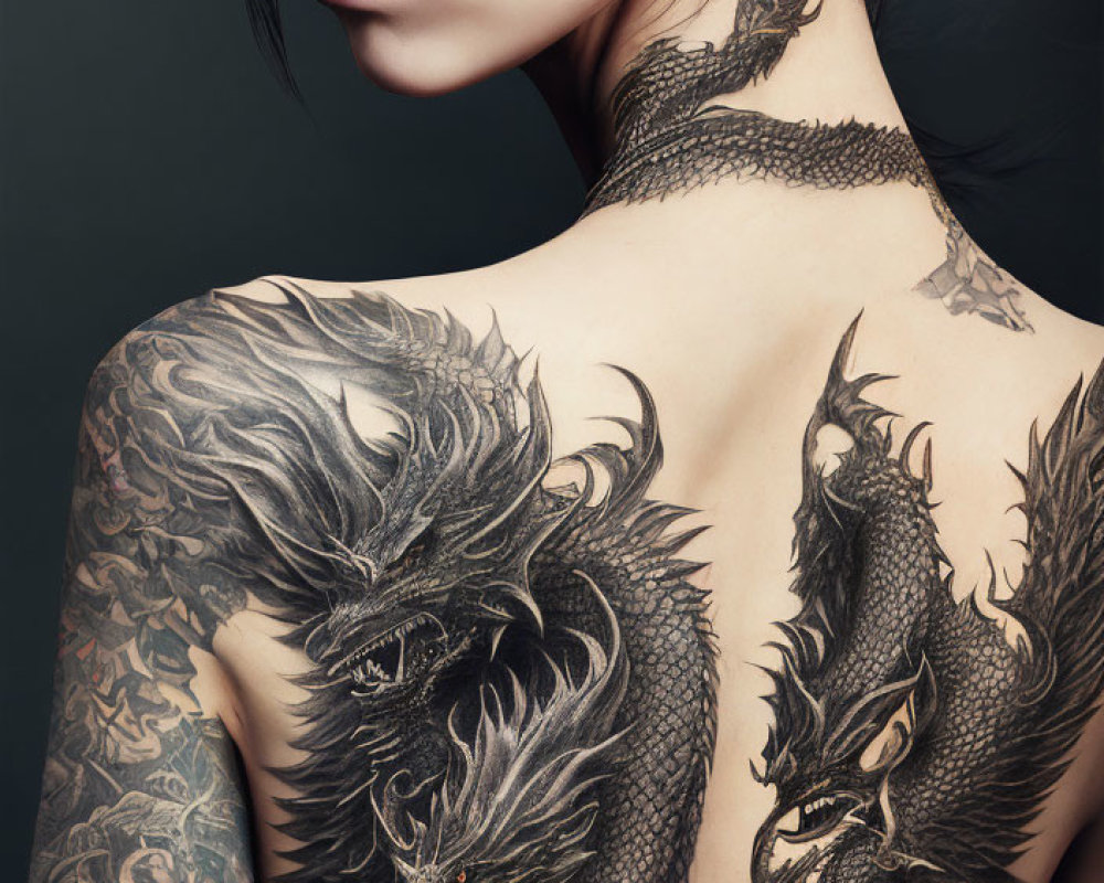 Elaborate dragon tattoo on person's back and shoulder