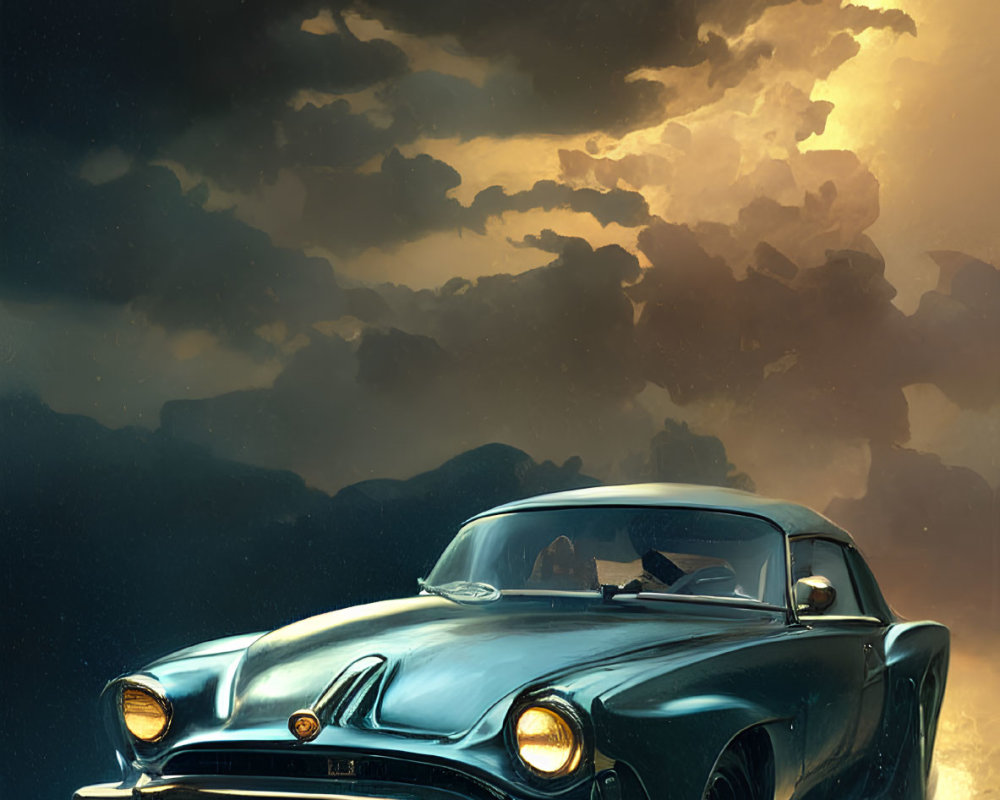 Vintage car on empty road under dramatic sky with sunbeam