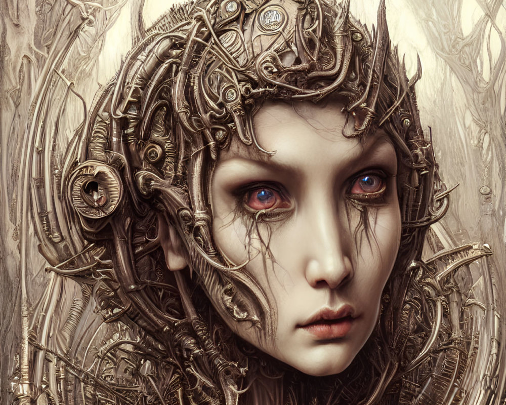 Digital artwork: Female figure with intricate mechanical headpiece and intense gaze