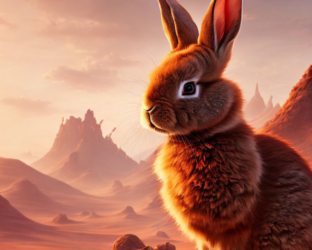 Realistic Illustration of Large Fluffy Rabbit in Desert Landscape