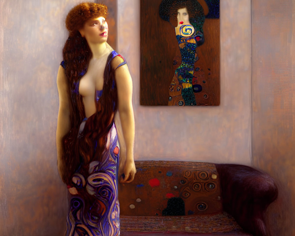 Red-haired woman in Klimt-inspired dress by sofa with Klimt painting.