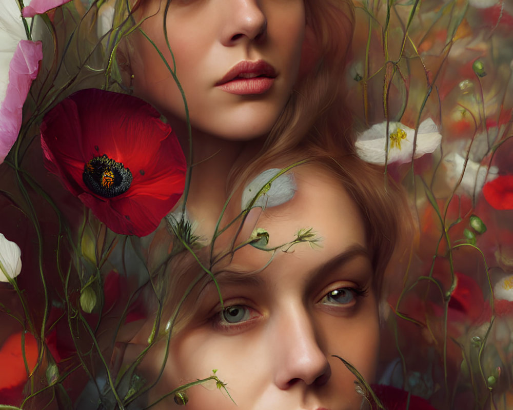 Digital Artwork: Two Women's Faces Surrounded by Red Poppies and White Flowers