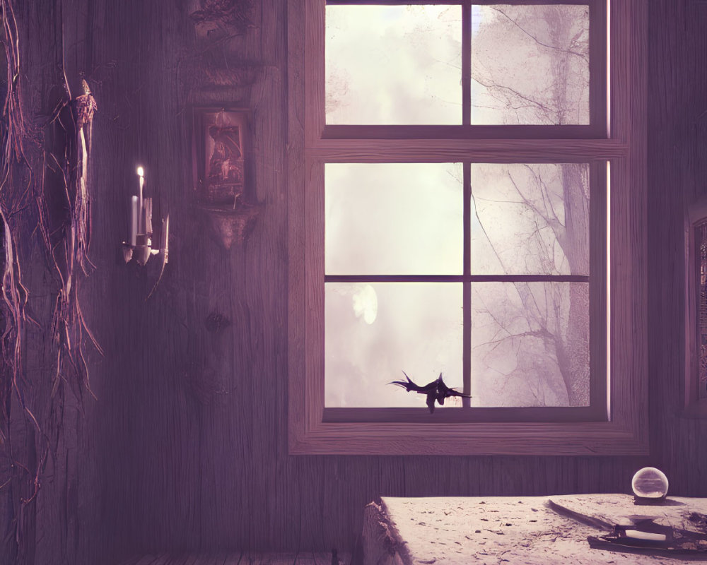 Mystical room with wooden walls, candelabra, cat silhouette, full moon, foggy