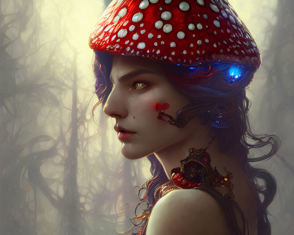 Blue-skinned female figure in golden armor with mushroom headpiece in mystical forest