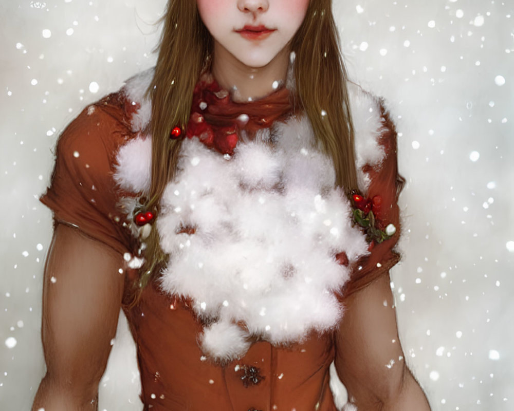 Person with Deer Antlers and Berries in Snowy Festive Outfit