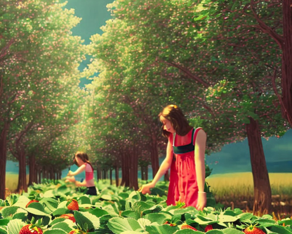 Two people picking strawberries in a serene field surrounded by trees