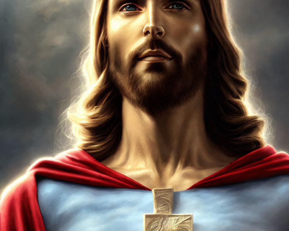 Man with long hair and beard in red cloak and cross pendant gazing upwards in serene setting.
