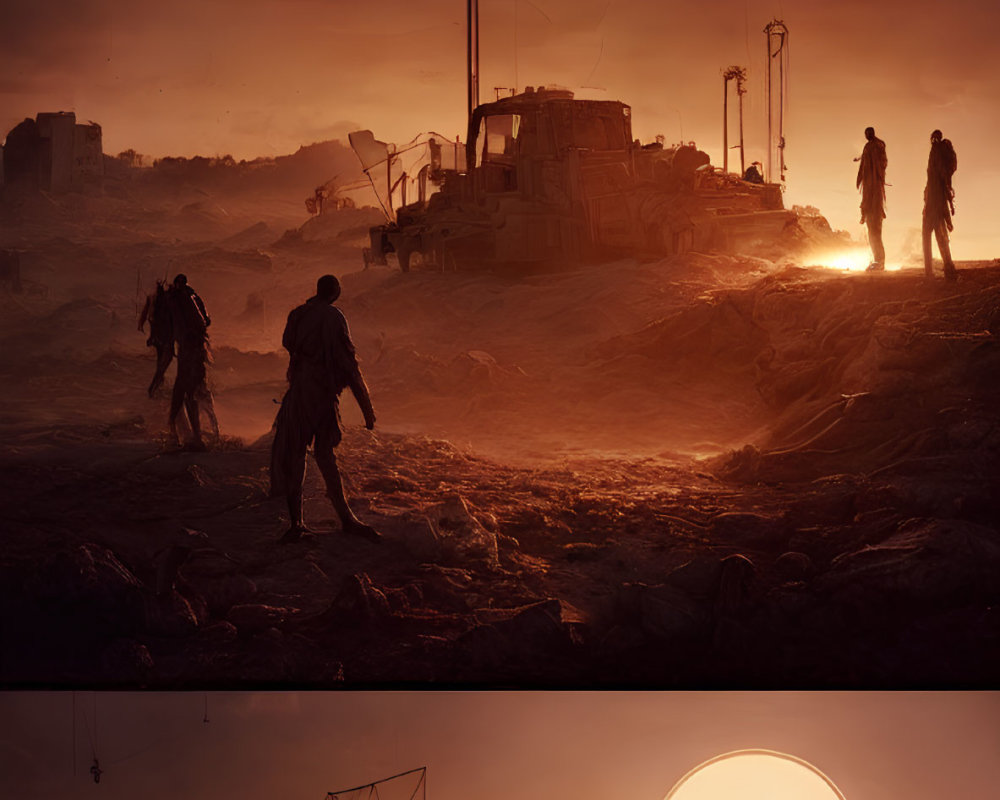Silhouettes of survivors in post-apocalyptic scene with ruined structures under fiery sky