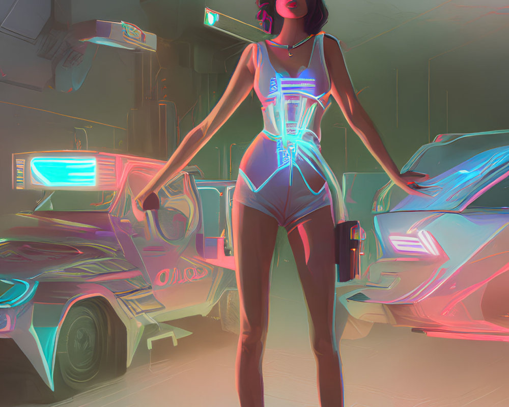 Futuristic woman with cybernetic elements in neon-lit garage