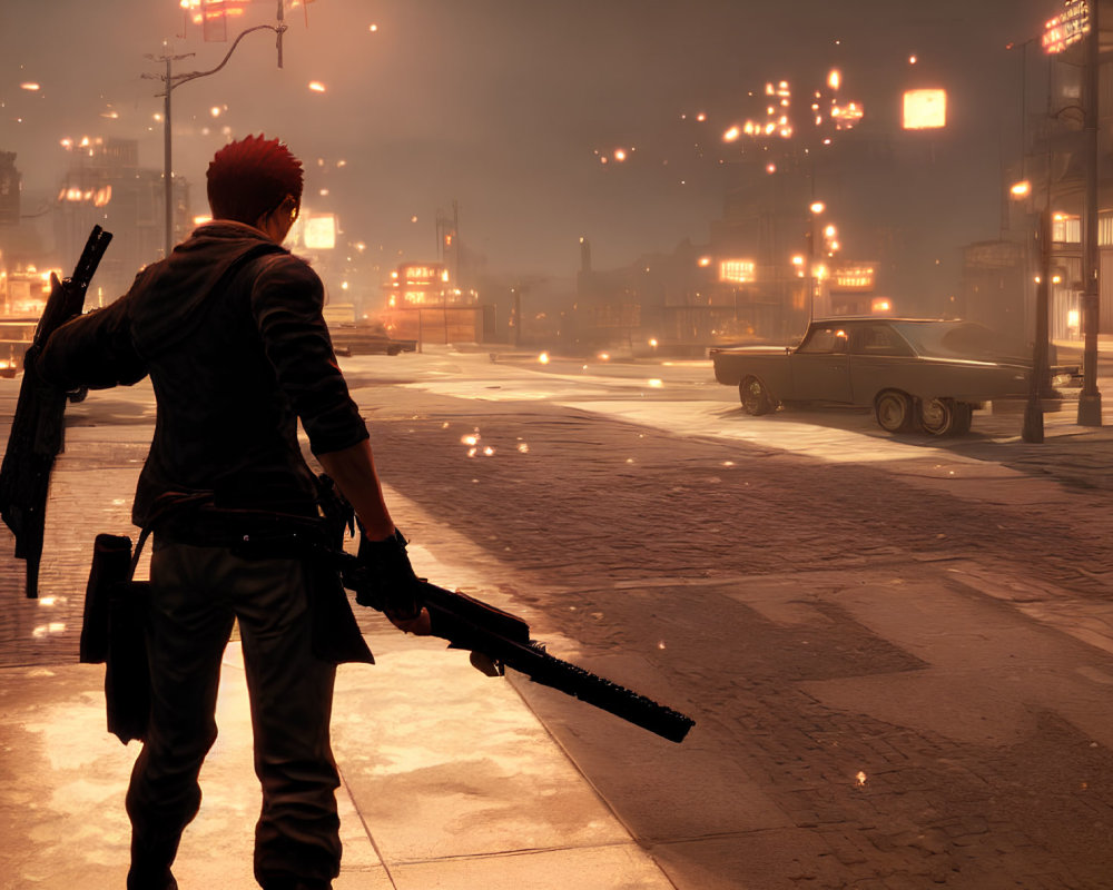 Red-haired character in leather jacket with gun on city street at night