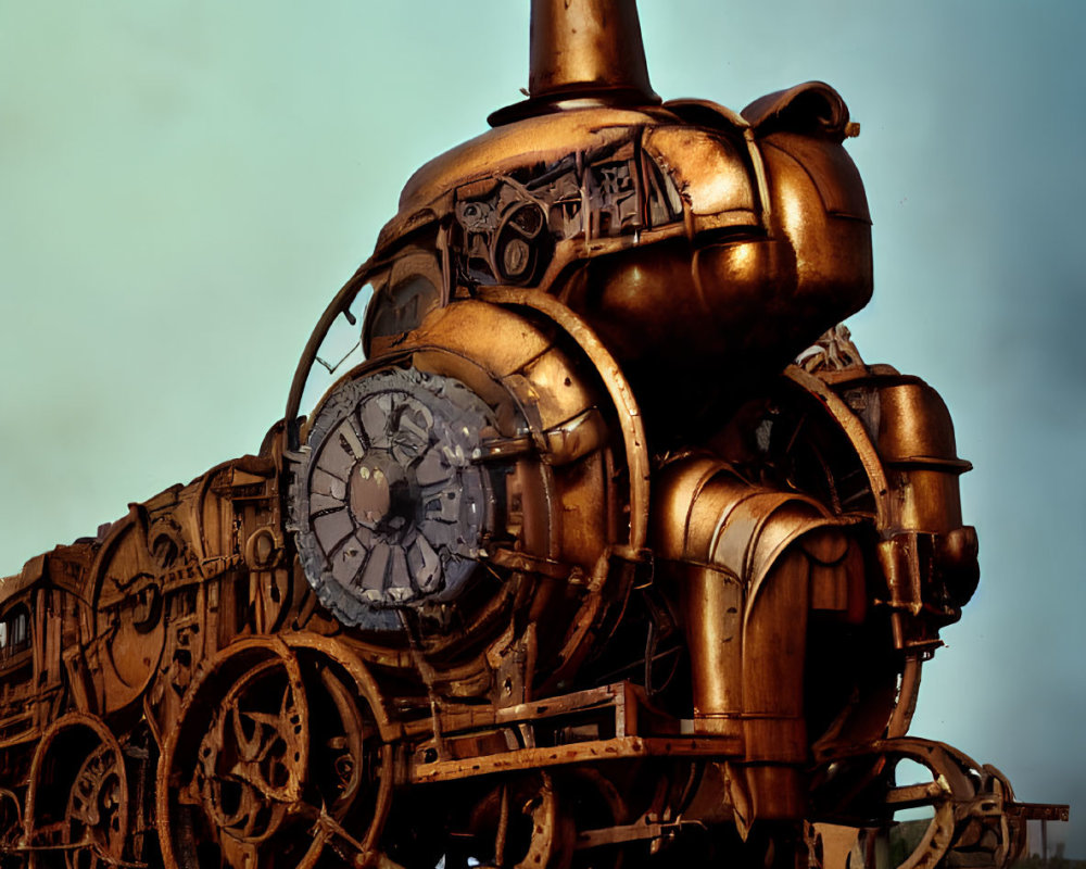 Intricate Steampunk-Style Train Under Dusky Sky