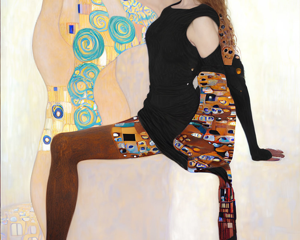 Woman in Black Dress Poses with Raised Leg in Abstract Setting
