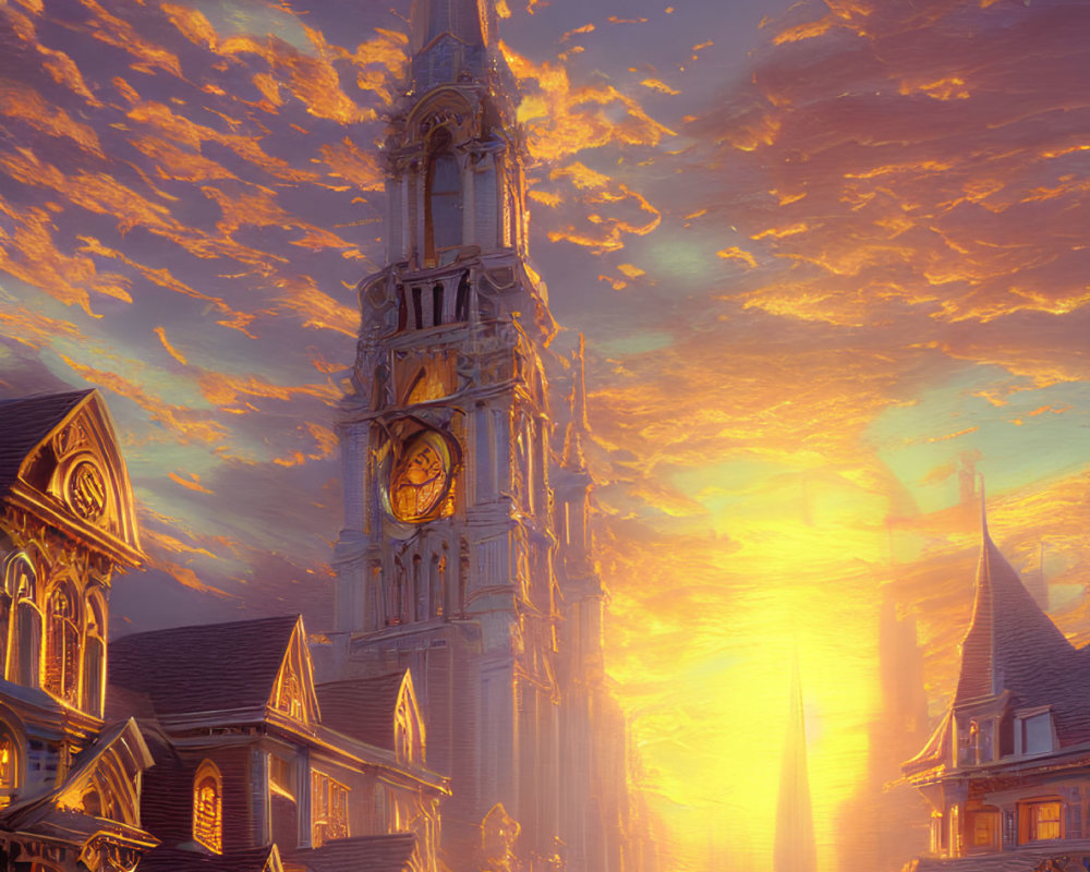 Gothic-style cityscape with clock tower under golden sky