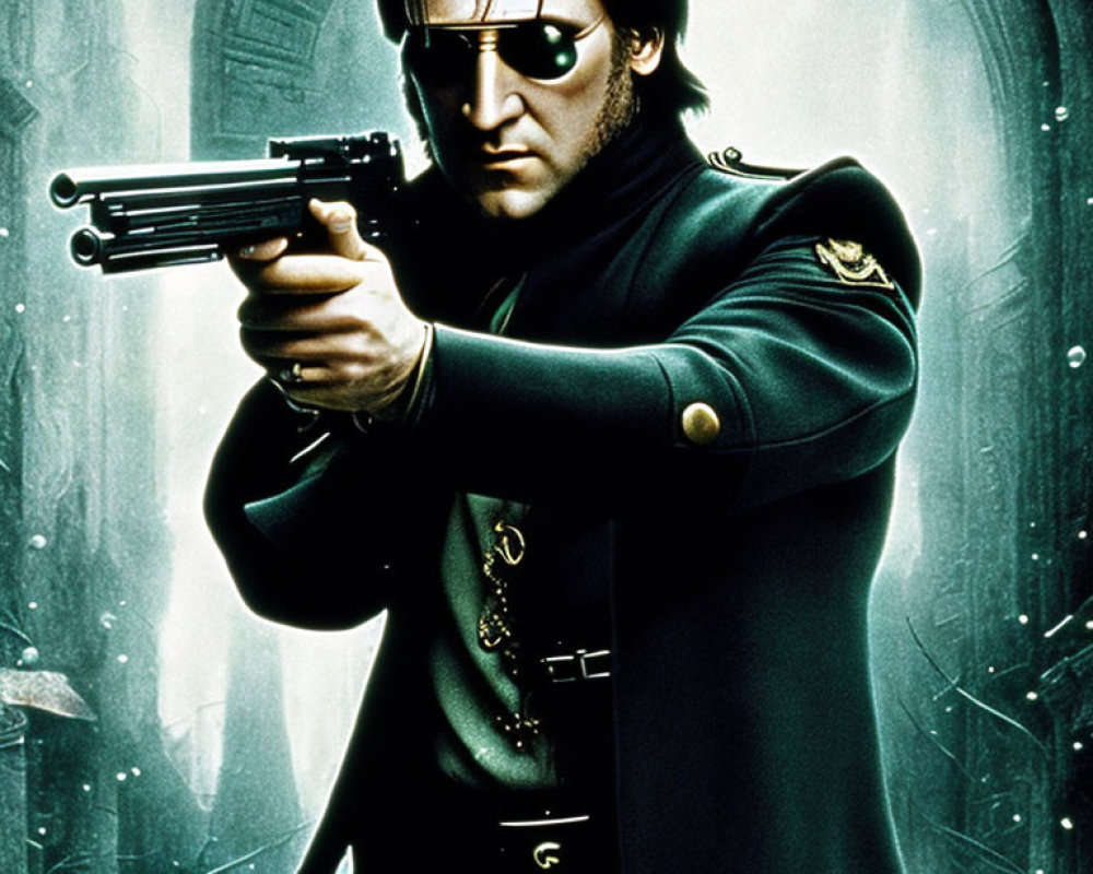 Futuristic character in green trench coat with cybernetic eye-piece and gun