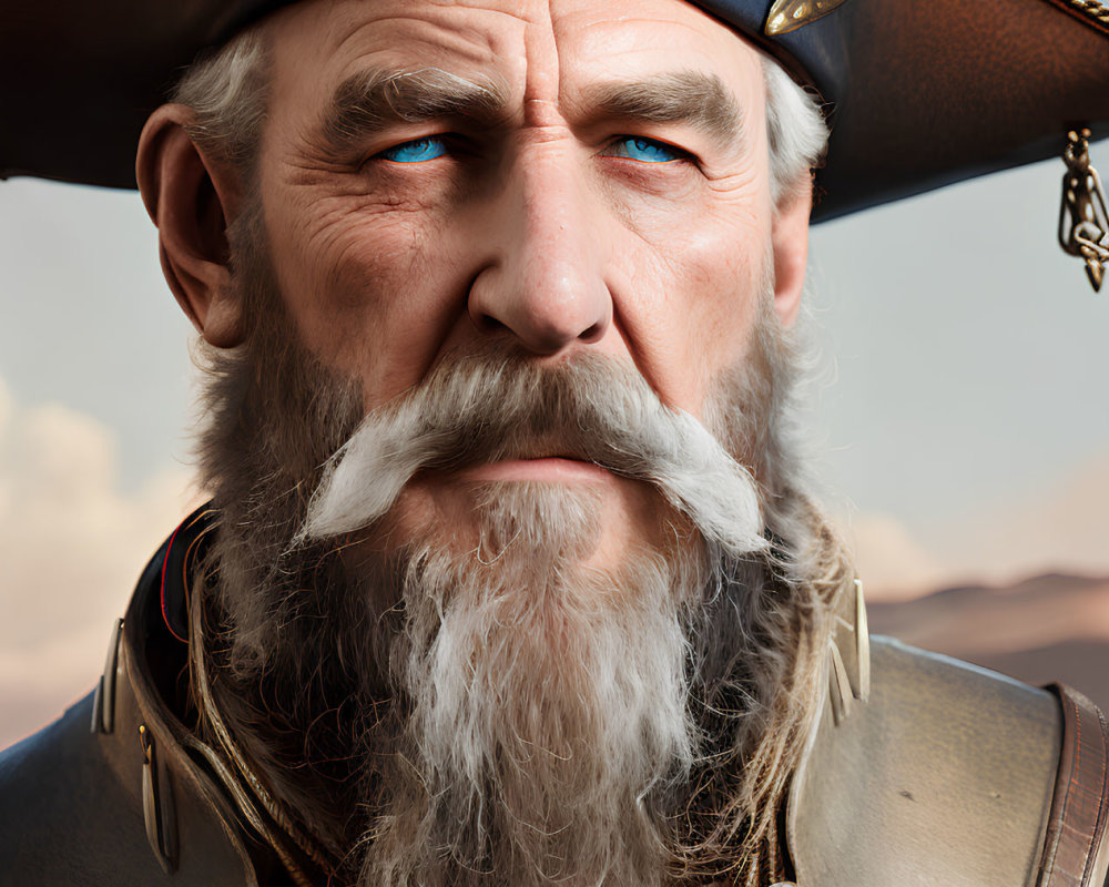 Digital artwork of older man as fantasy pirate with tricorne hat and gold accents.