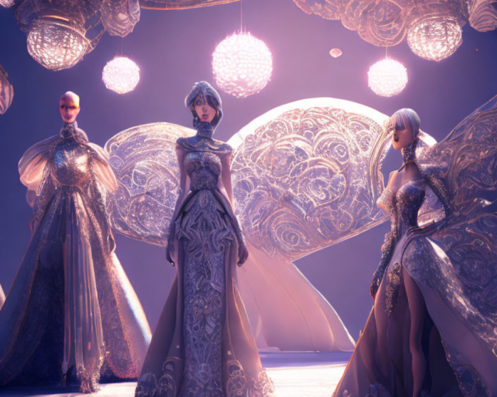 Three futuristic women in ornate gowns in a room with intricate ceiling patterns and glowing orbs