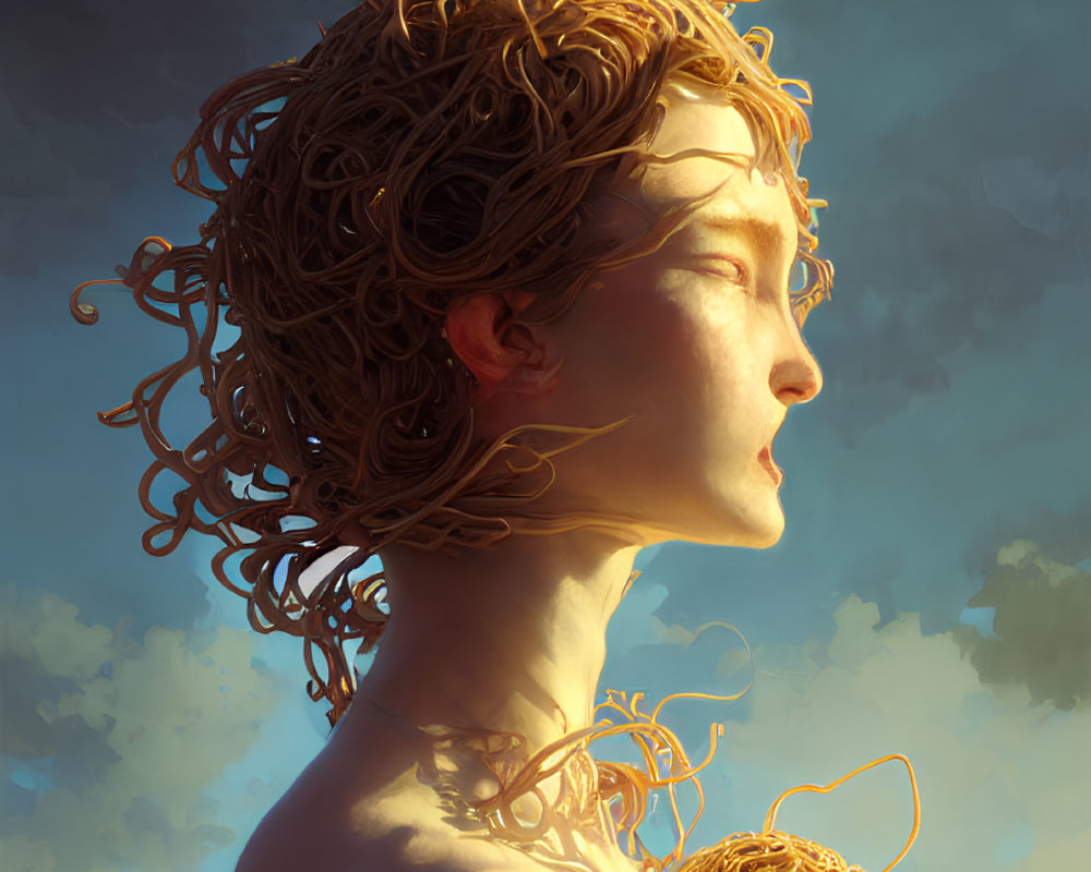 Digital artwork featuring person with curly hair and abstract thread-like elements.