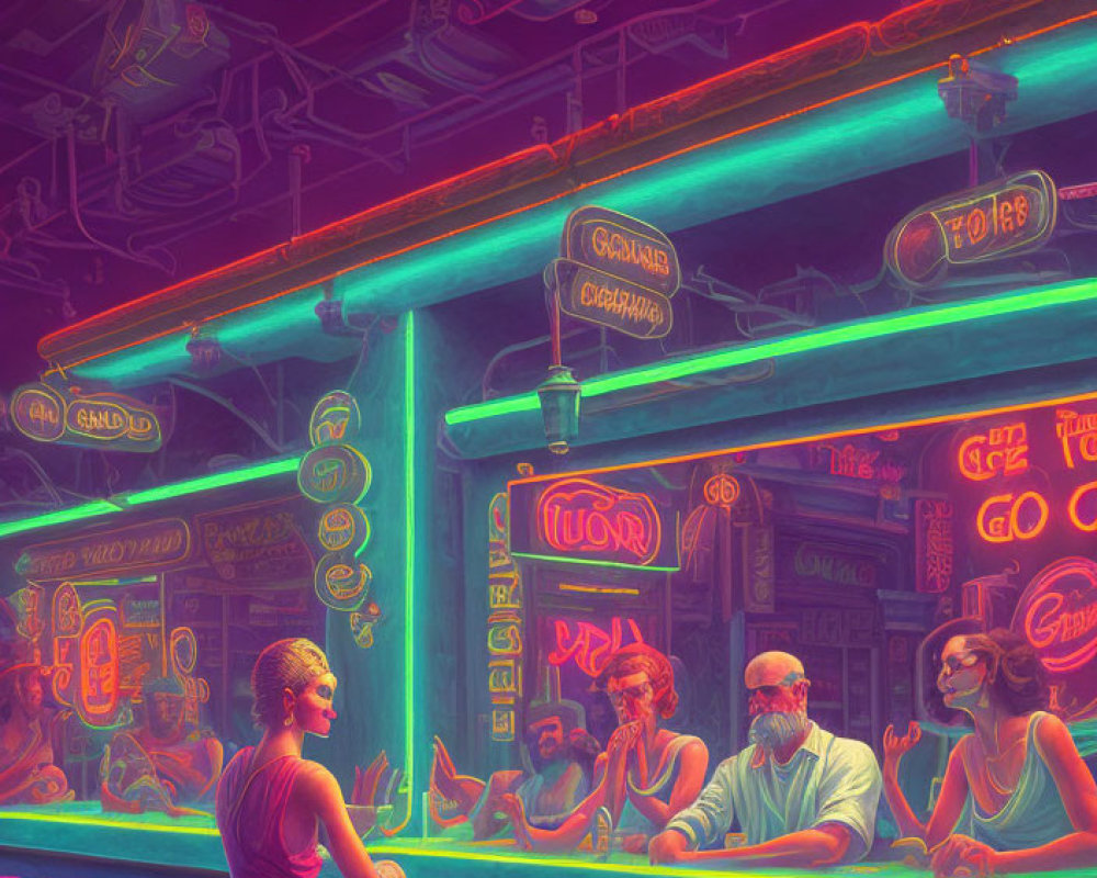 Neon-lit bar scene with retro-futuristic elements and patrons conversing.