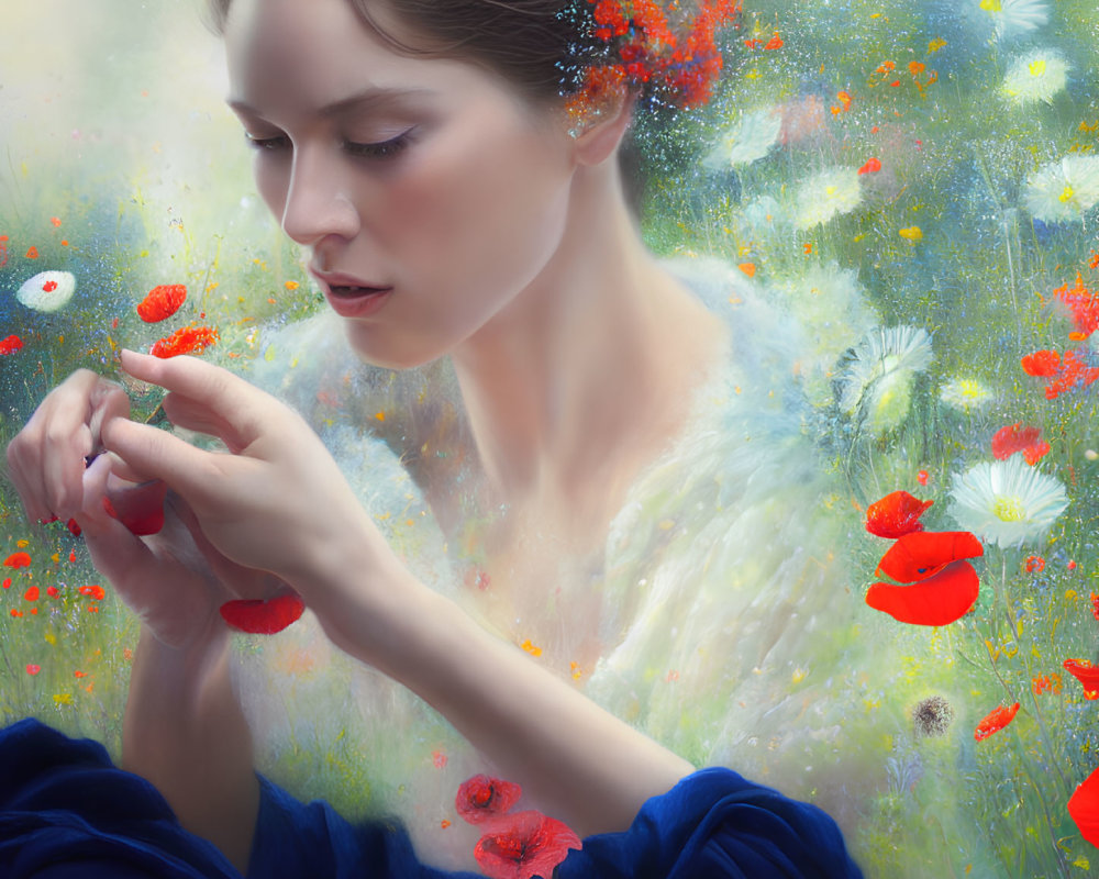 Woman in Blue Garment Surrounded by Dreamy Landscape with Ethereal Flowers