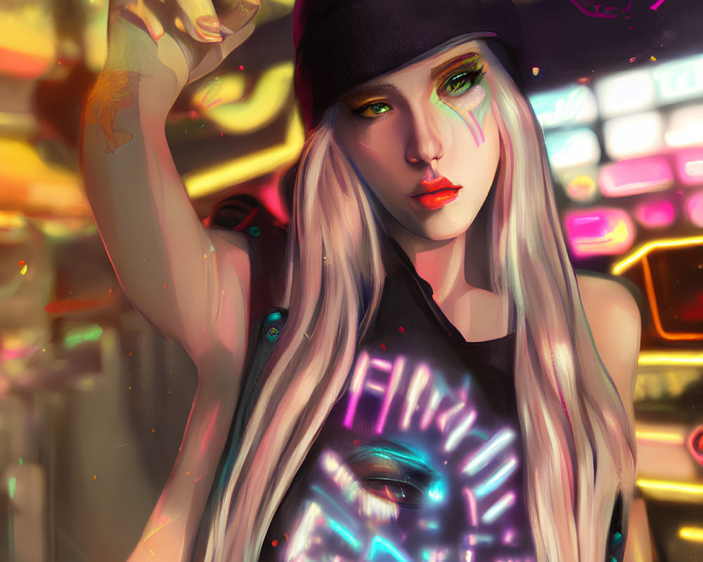 Blonde woman in beanie and neon top against arcade backdrop