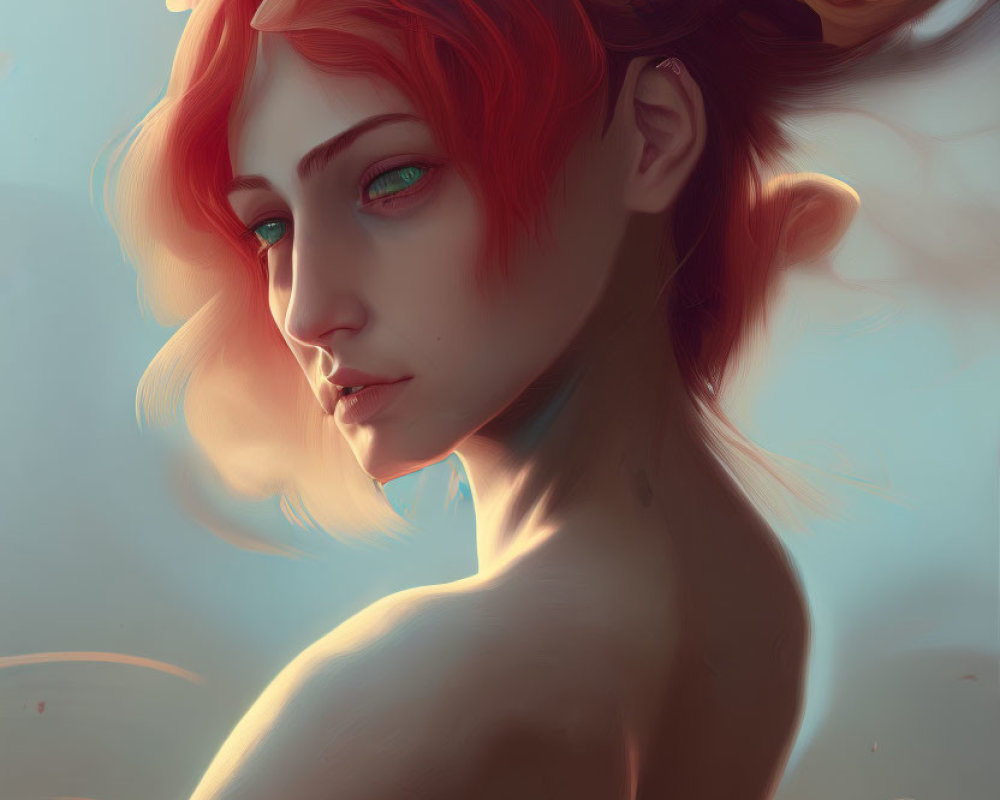 Digital portrait of a woman with red hair and rose adornments, featuring a subtle and mystical gaze under
