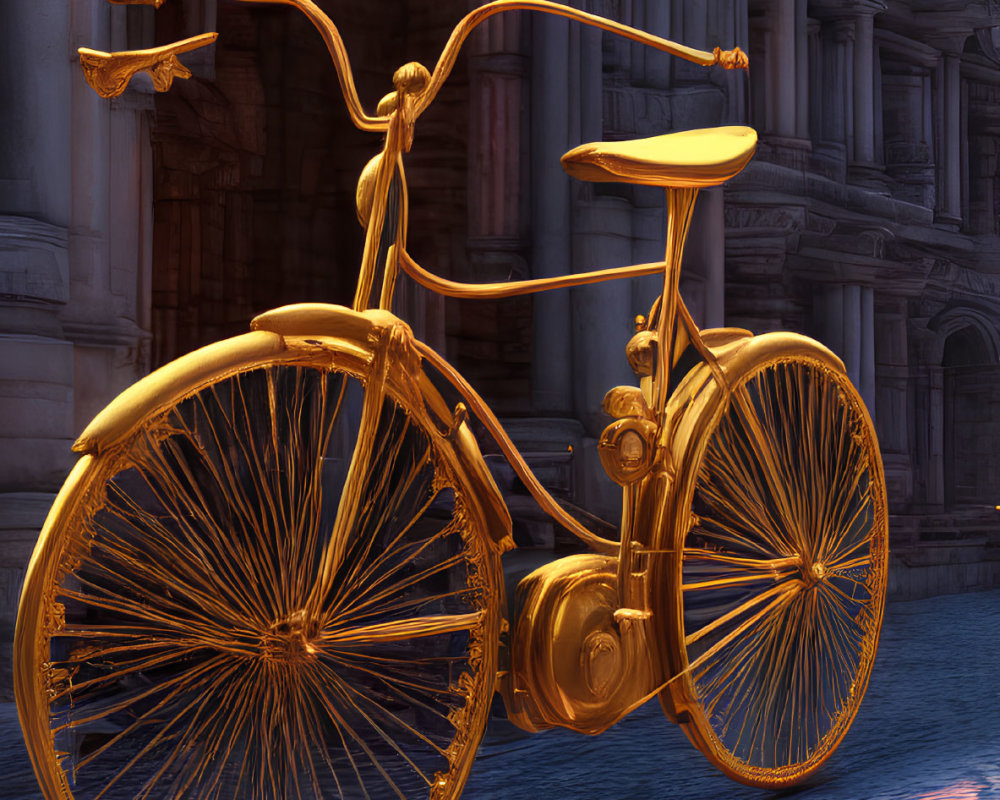 Golden Bicycle on Cobblestone Street at Dusk with Classic Architecture