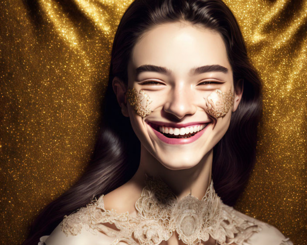 Smiling woman with gold makeup and freckles on shimmering background wearing white collar and gold dress