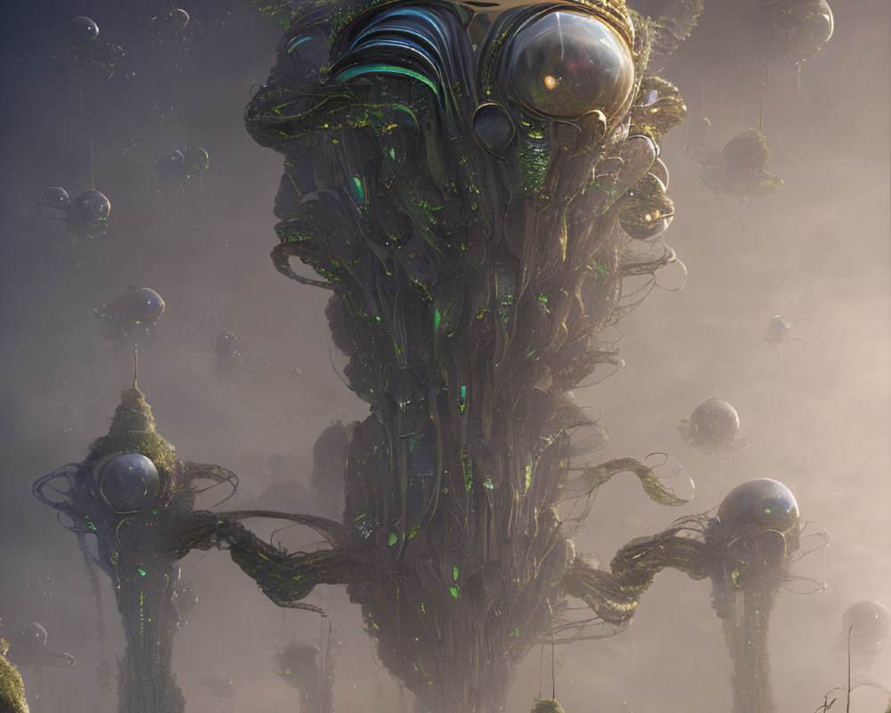 Futuristic organic towers with greenery and spherical structures in mist